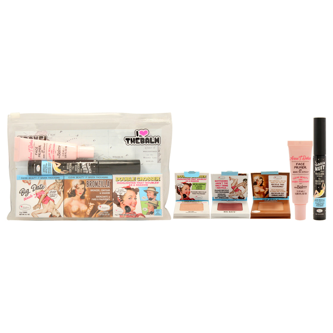 Clean and Green Travel Kit by the Balm for Women - 5 Pc 0.1oz Big Date Blush, 0.1oz Bronzilla Bronzer, 0.1oz Double Crosser Wow Highlighter, 0.27oz TheBalm Nuit Black Mascara , 0.39 Anne T. Dotes Face Primer