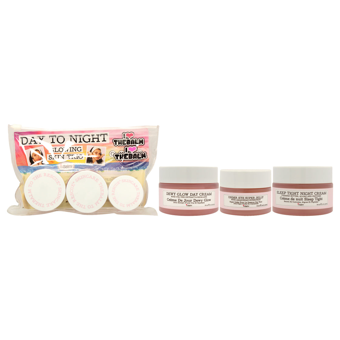 Day To Night Glowing Skin Trio by the Balm for Women - 3 Pc 1oz Dewy Glow Day Cream, 0.5oz Under Eye Super Jelly, 1oz Sleep Tight Night Cream