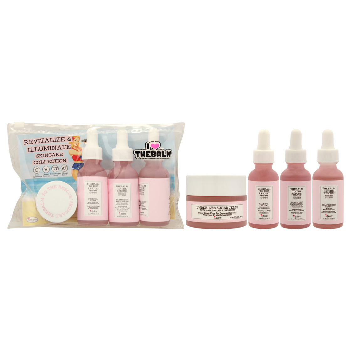 Revitalize and Illuminate Skincare Collection by the Balm for Women - 4 Pc 0.5oz Under Eye Super Jelly, 1oz Face Oil Glow, 1oz Biomimetic Face Serum, 1oz Complexion Serum