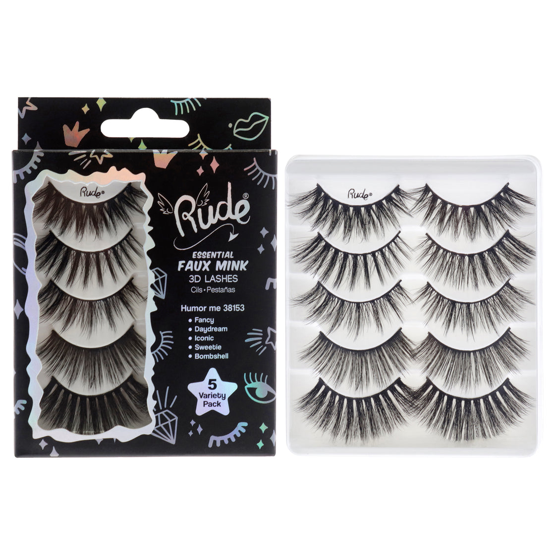 Essential Faux Mink 3D Lashes - Humor Me by Rude Cosmetics for Women - 5 Pair Eyelashes