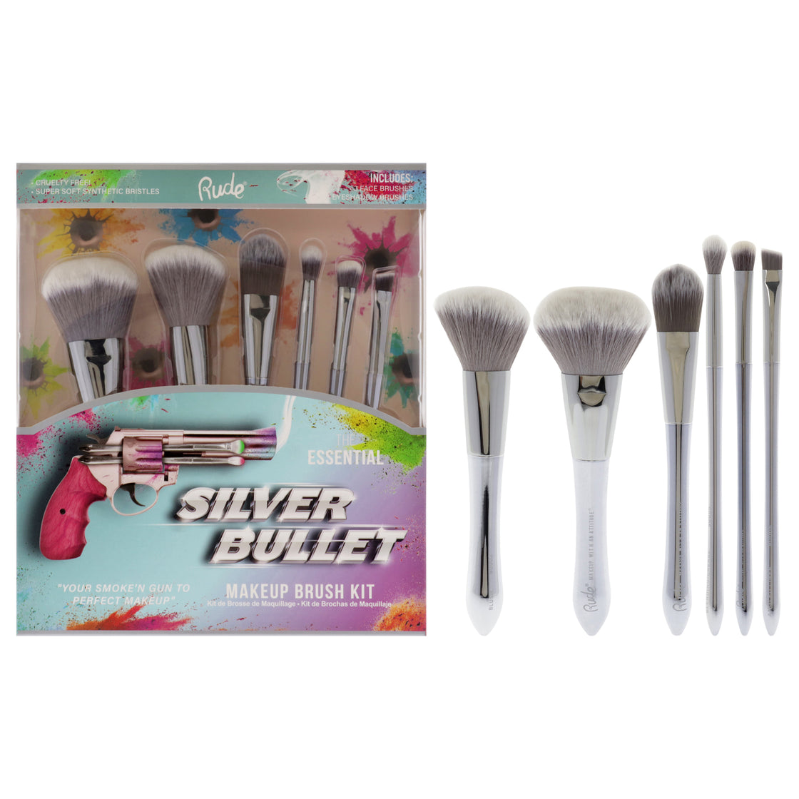 Silver Bullet Makeup Brush Kit by Rude Cosmetics for Women - 6 Pc Beretta Powder Brush, Glock Blush Brush, Remington Foundation Brush,Shotgun Eyeshadow Brush, Revolver Blending Brush,Browning Angled Liner