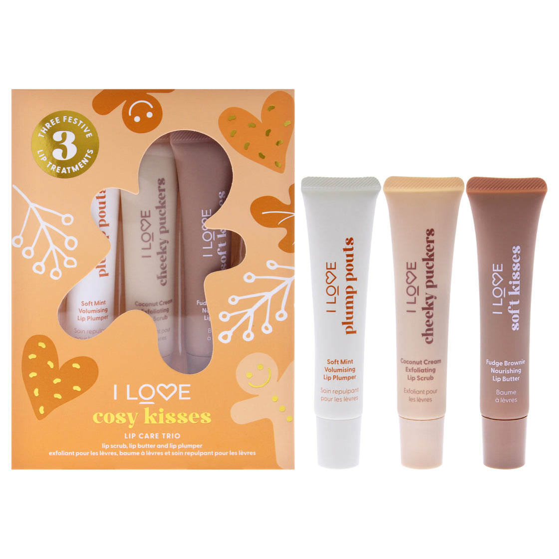 Cosy Kisses Lip Care Trio by I Love Cosmetics for Women - 3 Pc 0.5oz Cheeky Puckers Coconut Cream Exfolianting Lip Scrub, 0.5oz Soft Kisses Fudge Brownie Nourishing Lip Butter, 0.5oz Plump Pouts Soft Mint Volumising Lip Plumper