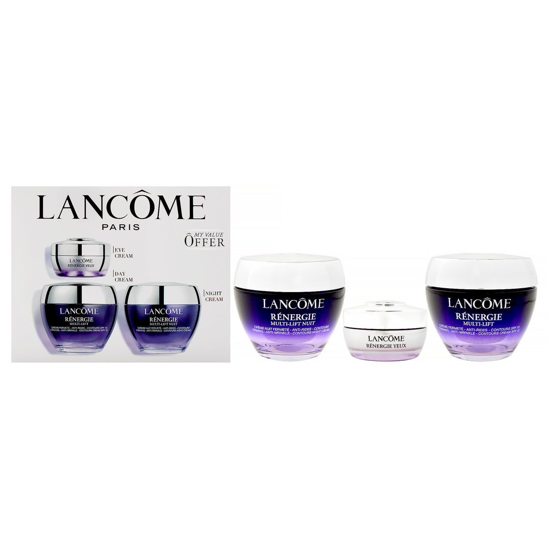 Renergie Set by Lancome for Women - 3 Pc 1.7oz Firming Anti-Wrinkle Cream SPF15, 1.7oz Firming Anti-Wrinkle Night Cream, 0.5oz Lifting Filler Eye Cream