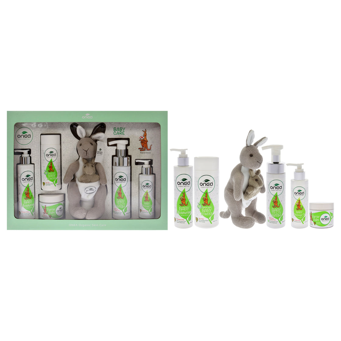 Baby Gift Pack by ONEA for Kids - 6 Pc 6.8oz Baby Moisturizer, 4.2oz Baby Massage Oil, 3.5oz Natural Apple Baby Powder, 6.8oz Baby Top to Toe Wash, 3.35oz Barrier Balm, Kangaroo Plush Toy