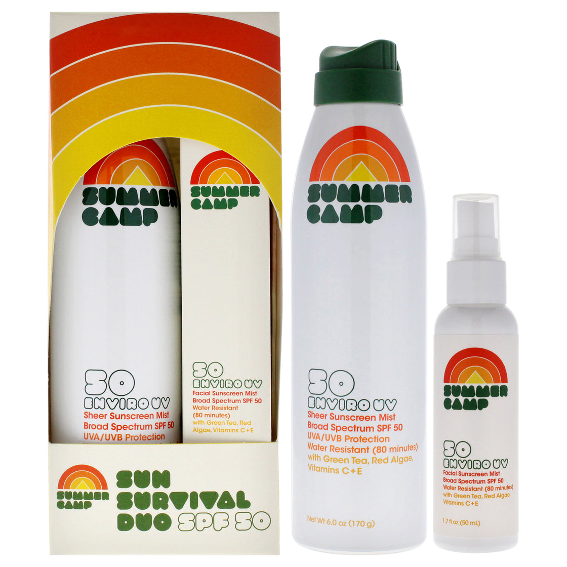 Sun Survival SPF 50 Duo by Summer Camp for Unisex - 2 Pc 6oz Enviro Uv Sheer Sunscreen Mist, 1.7oz Enviro Uv Facial Sunscreen Mist