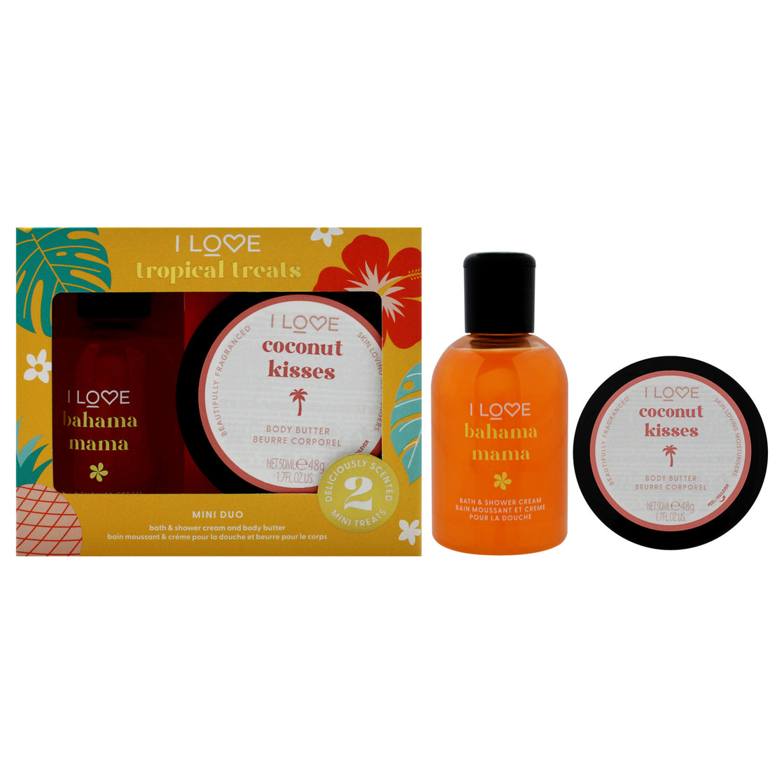 I Love Troipcal Treat Mini Duo by I Love Cosmetics for Unisex - 2 Pc 3.4oz Bahama Mama Bath and Shower Creme, 1.7oz Coconut Kisses Body Butter