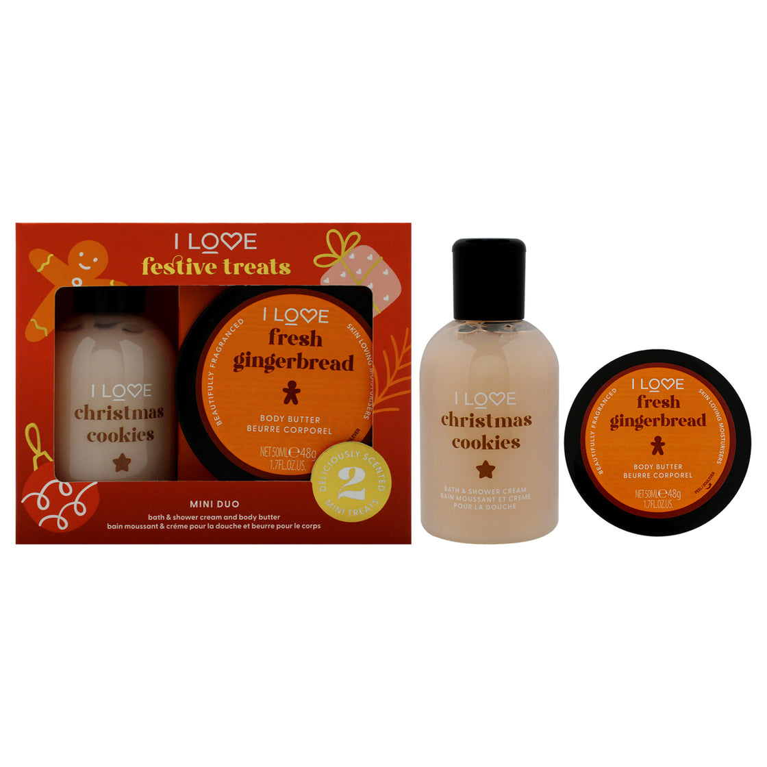 I Love Festive Treat Mini Duo by I Love Cosmetics for Unisex - 2 Pc 3.4oz Christmas Cookie Bath and Shower Creme, 1.7oz Fresh Gingerbread Body Butter