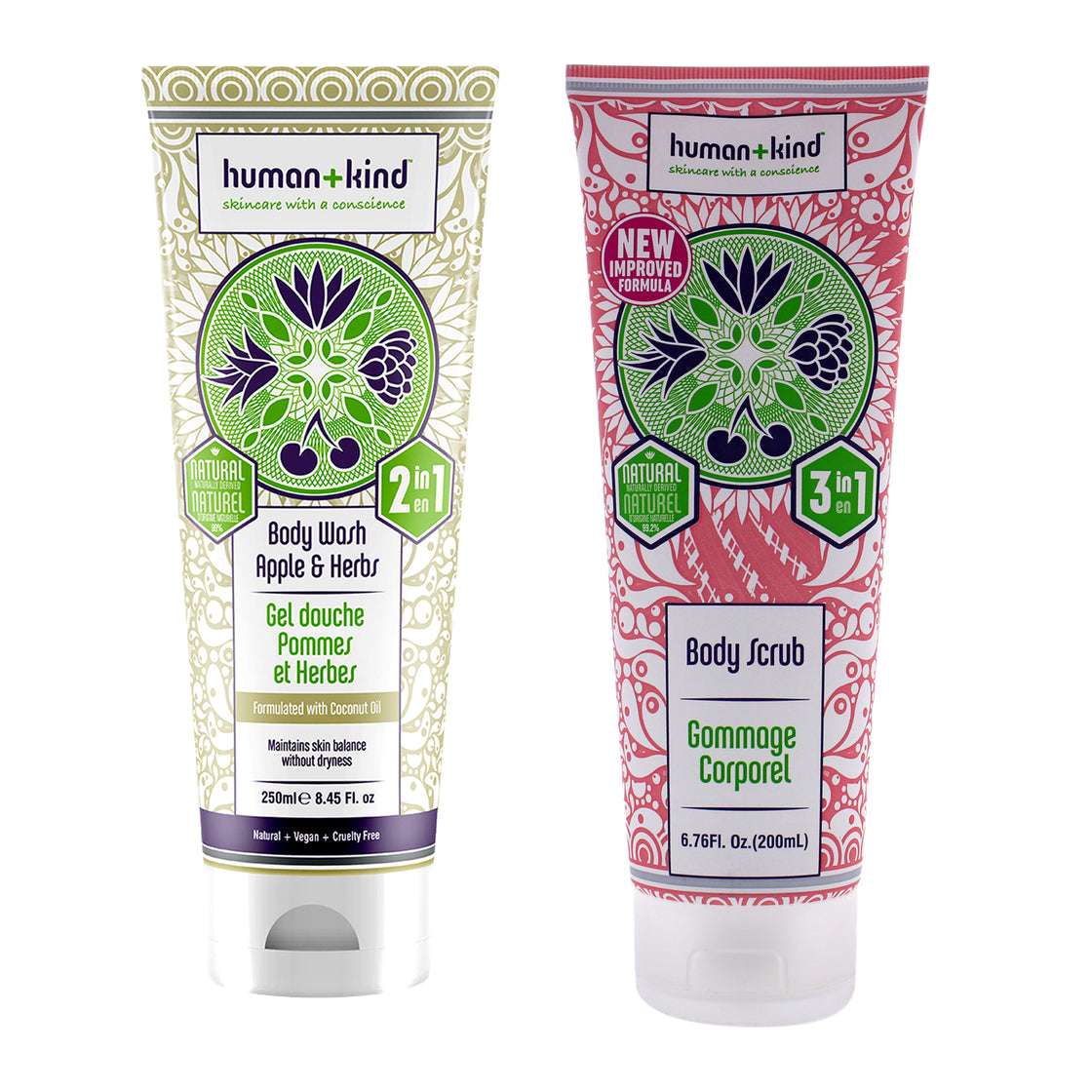 Body Wash and Body Scrub Kit by Human+Kind for Unisex - 2 Pc Kit 8.45oz Body Wash - Apple and Herbs, 6.76oz Body Scrub