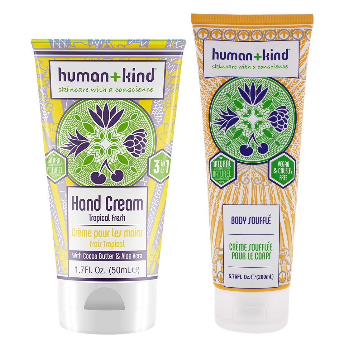 Hand-Elbow-Feet Cream - Tropical Fresh and Body Souffle - Tube Kit by Human+Kind for Unisex - 2 Pc Kit 1.7oz Cream, 6.76oz Body Cream