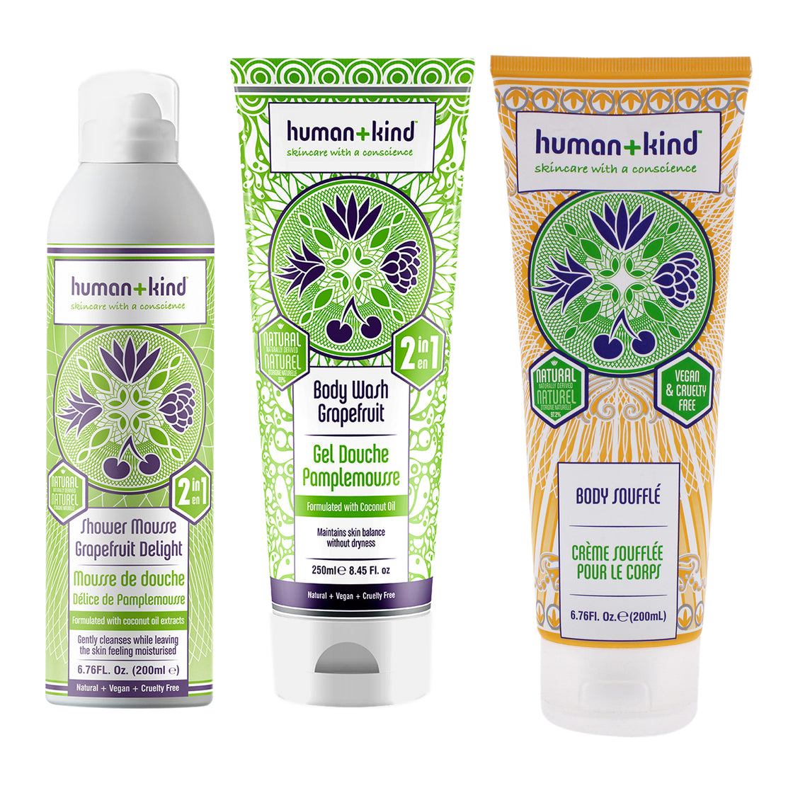 Shower Mousse and Body Wash and Souffle Cream Kit by Human+Kind for Unisex - 3 Pc Kit 6.76oz Shower Mousse Bodywash - Grapefruit Delight, 8.45oz Body Wash - Grapefruit, 6.76oz Body Souffle Cream - Tube