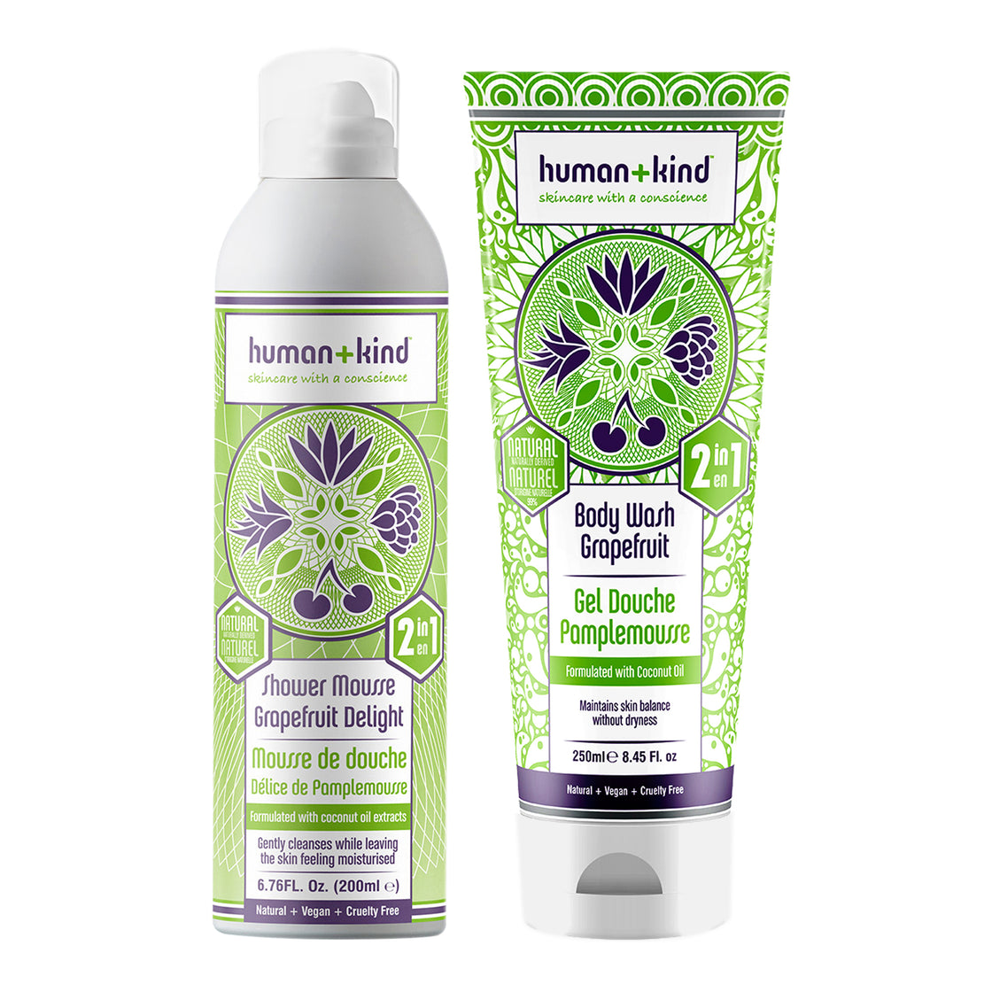 Shower Mousse and Body Wash - Grapefruit Delight Kit by Human+Kind for Unisex - 2 Pc Kit 6.76oz and 8.45oz Body Wash