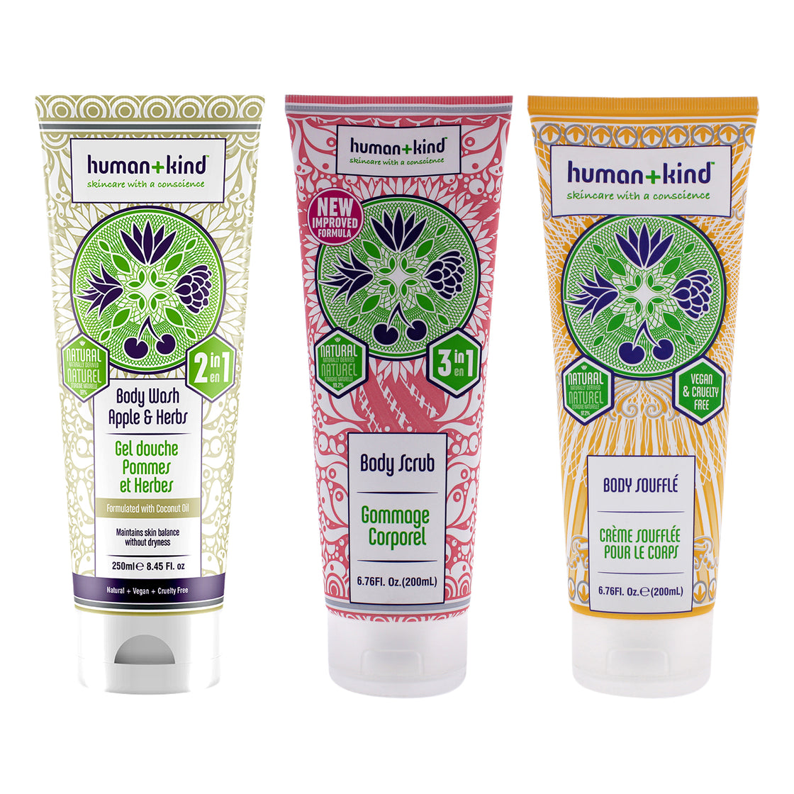 Body Wash - Apple and Herbs and Scrub and Souffle Cream Kit by Human+Kind for Unisex - 3 Pc Kit 8.45 oz Body Wash , 6.76 oz Scrub, 6.76 oz Body Cream