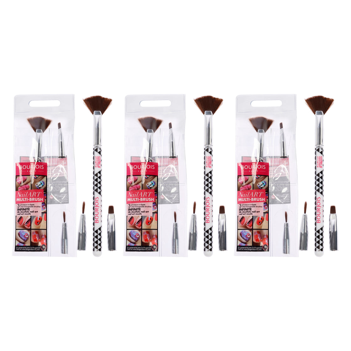 Multi-Brush Nail Art Set by Bourjois for Women - 3 Pc Set Fan Brush, Shader Brush, Liner Brush - Pack of 3