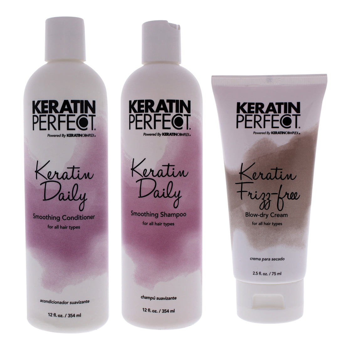 Keratin Daily Kit by Keratin Perfect for Unisex - 3 Pc Kit 12oz Shampoo, 12oz Conditioner, 2.5oz Frizz-Free Bow Dry Cream