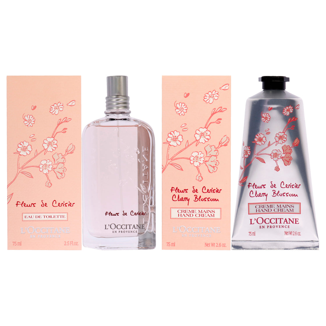 Cherry Blossom Fragrance and Hand Cream Kit by LOccitane for Women - 2 Pc Kit 2.5oz EDT Spray, 2.6oz Hand Cream