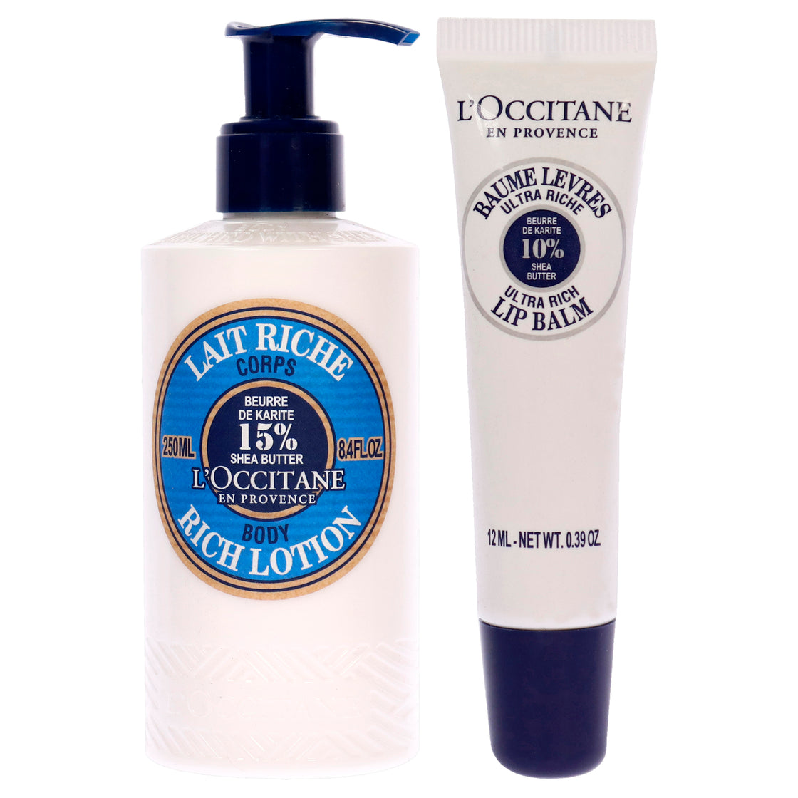 Shea Butter Ultra Rich Lip Balm and Body Lotion Kit by LOccitane for Unisex - 2 Pc Kit 0.39oz Lip Balm, 8.4oz Body Lotion