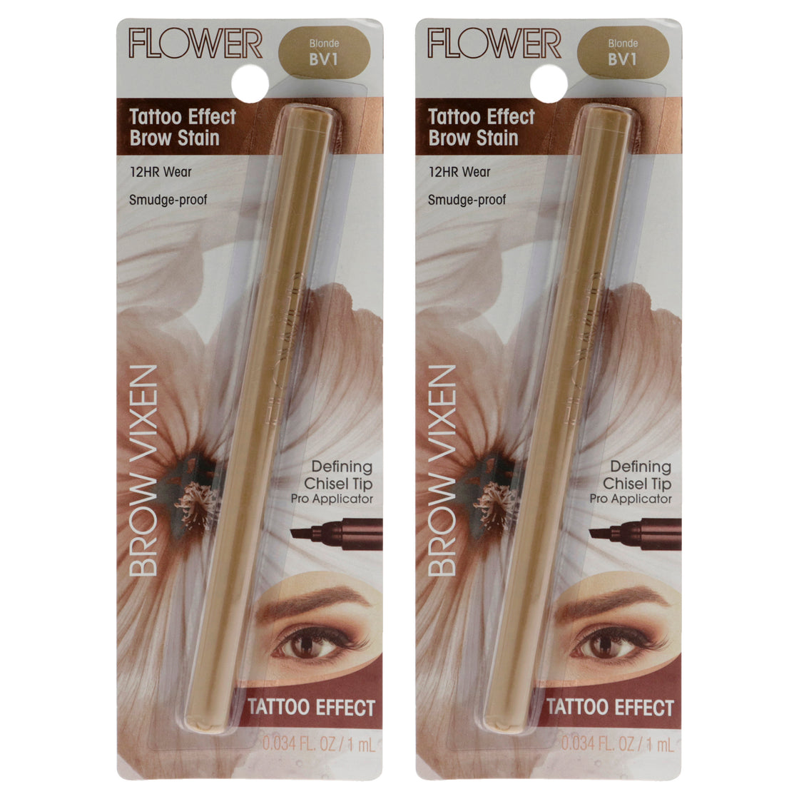 Brow Vixen Tattoo Effect Brow Stain - BV1 Blonde by Flower Beauty for Women - 0.034 oz Eyebrow - Pack of 2