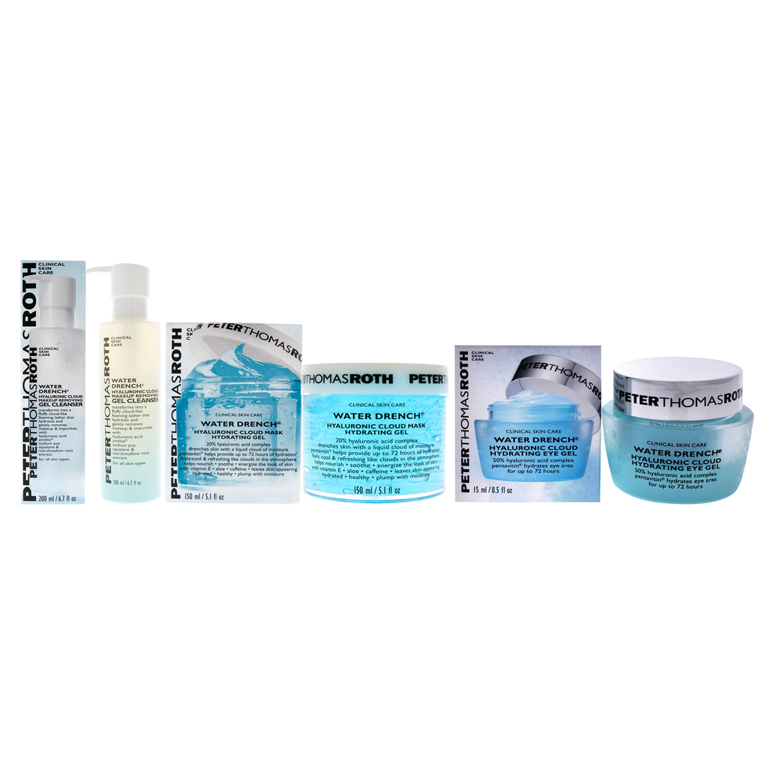 Water Drench Hyaluronic Cloud Kit by Peter Thomas Roth for Unisex - 3 Pc Kit 0.5oz Hydrating Eye Gel, 5.1oz Hydrating Eye Gel, 6.7oz Makeup Removing Gel Cleanser