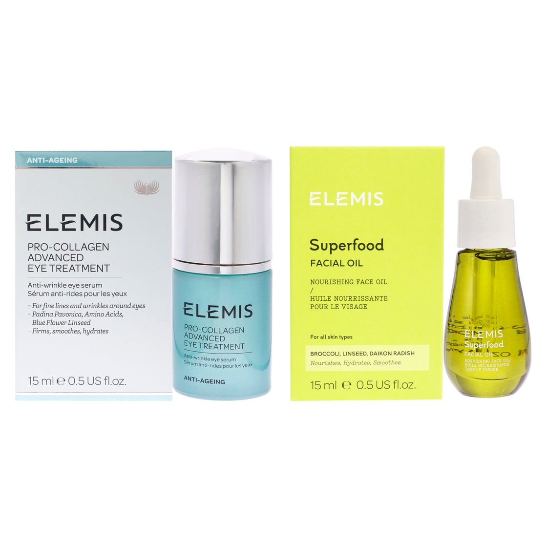 Superfood Facial Oil and Pro-Collagen Advanced Eye Treatment Kit by Elemis for Women - 2 Pc Kit 0.5oz Oil, 0.5oz Treatment