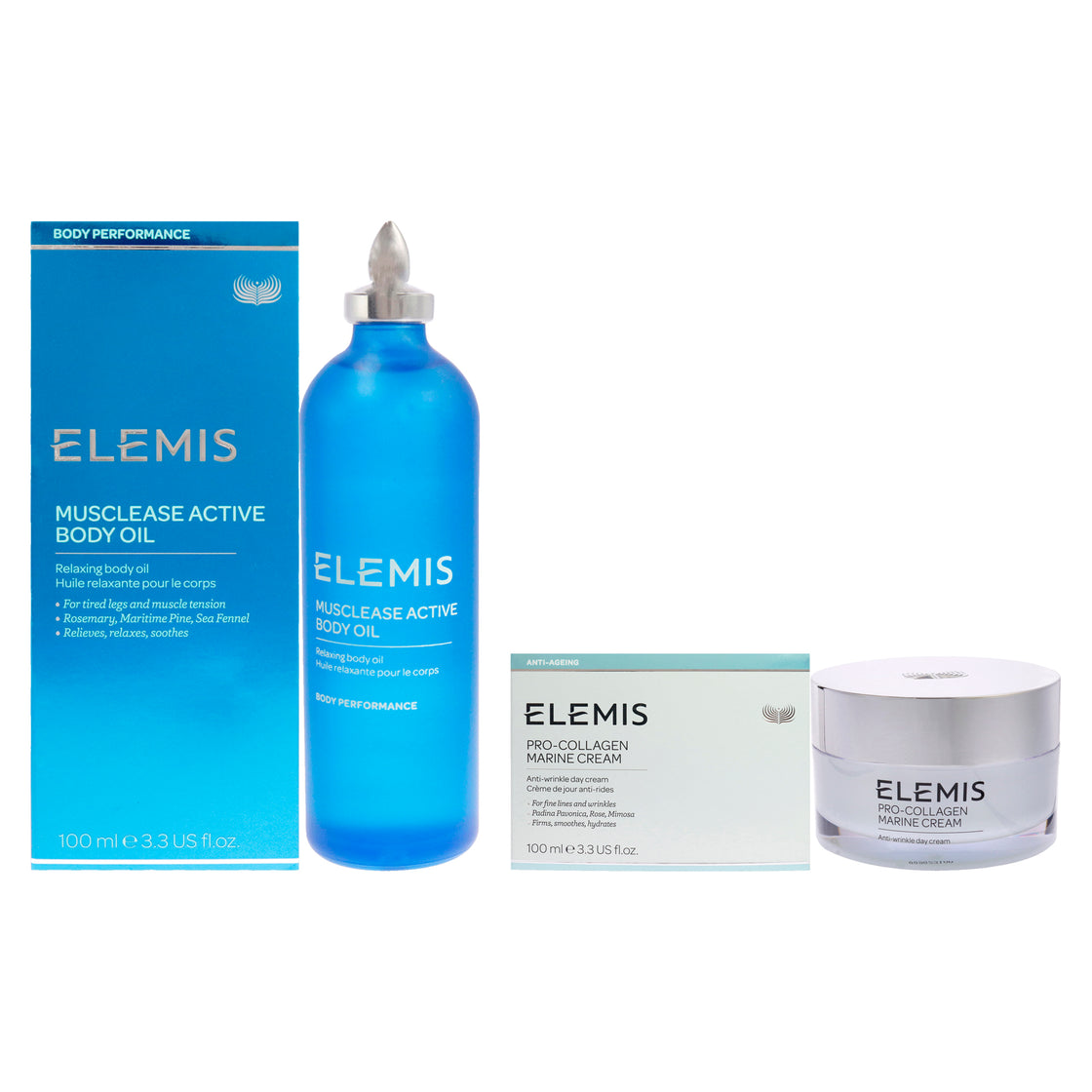 Musclease Active Body Oil and Pro-Collagen Marine Cream Kit by Elemis for Unisex - 2 Pc Kit 3.4oz Body Oil, 3.3oz Anti-Age Cream