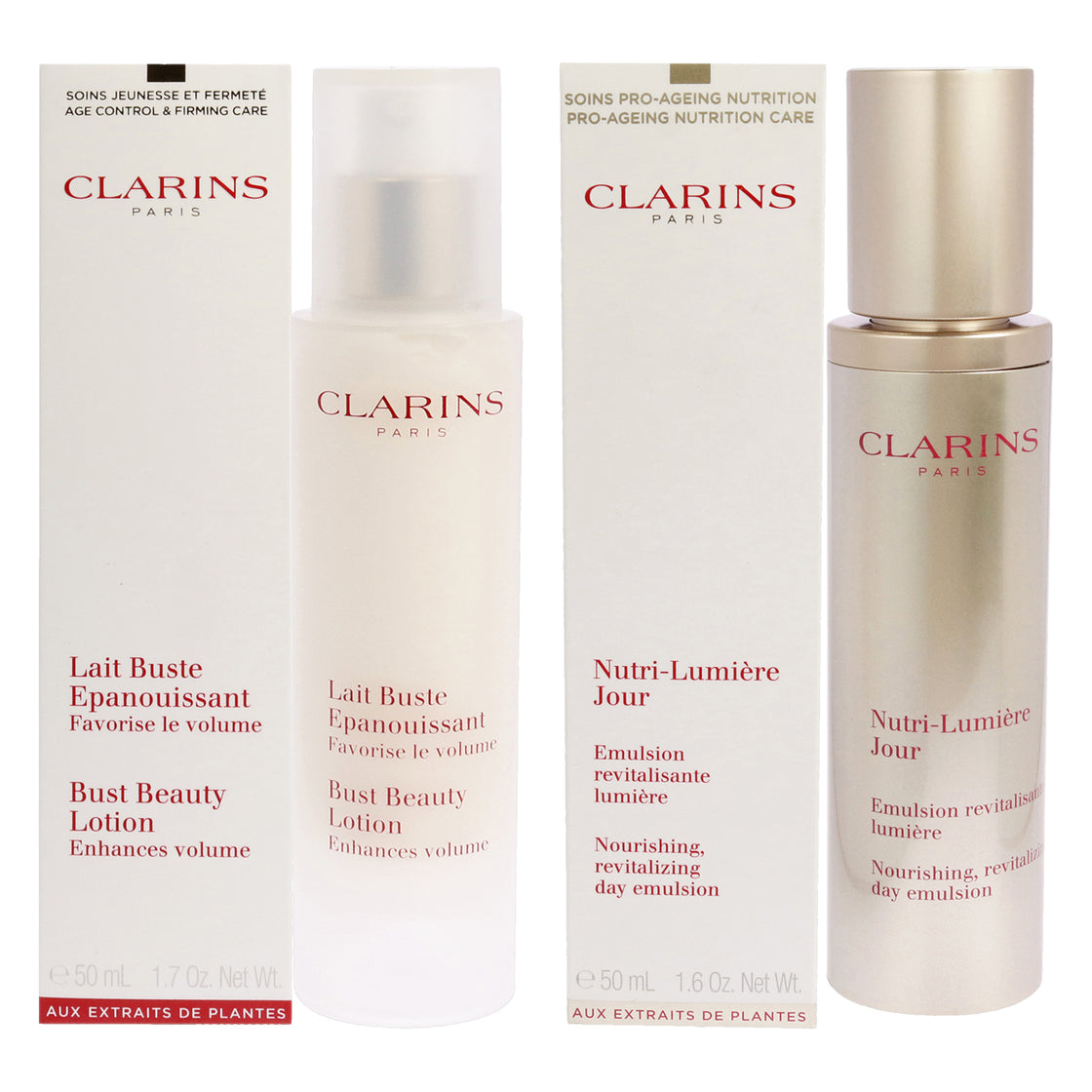 Bust Beauty Lotion and Nutri-Lumiere Day Emulsion Kit by Clarins for Women - 2 Pc Kit 1.7oz Lotion, 1.6oz Emulsion