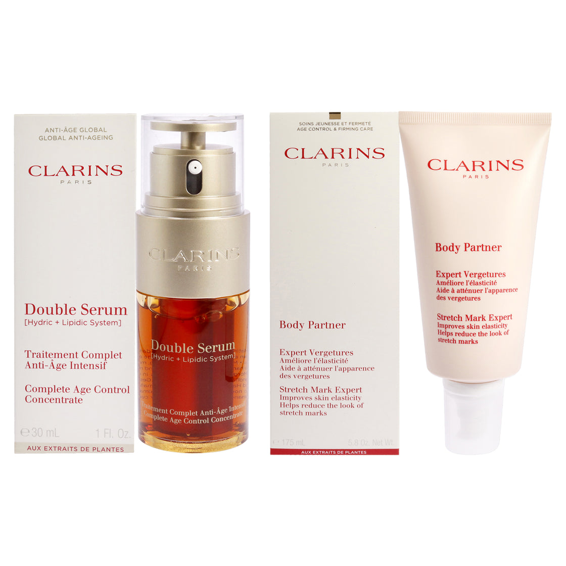 Double Serum Complete Age Control Concentrate and Body Partner Stretch Mark Expert Kit by Clarins for Unisex - 2 Pc Kit 1oz Serum, 5.8oz Body Lotion