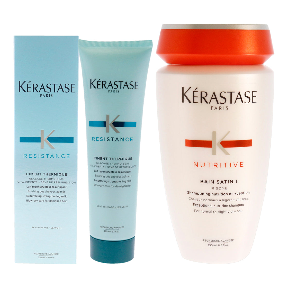 Resistance Ciment Thermique and Nutritive Bain Satin 1 Shampoo Kit by Kerastase for Unisex - 2 Pc Kit 5.1oz Reconstructor, 8.5oz Shampoo