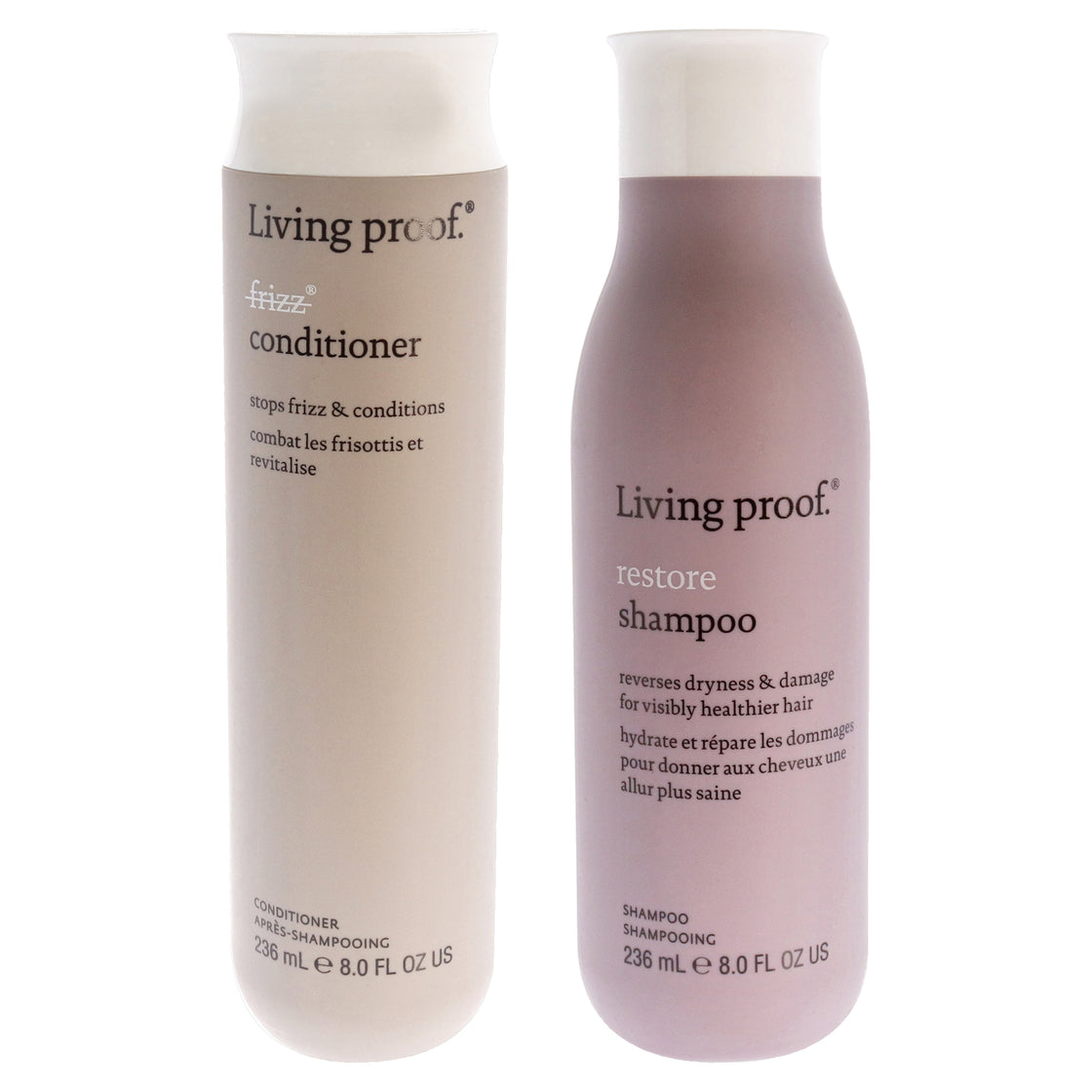 Living Proof No Frizz Conditioner and Restore Shampoo - Dry or Damaged Hair Kit by Living Proof for Unisex - 2 Pc Kit 8oz Conditioner, 8oz Shampoo