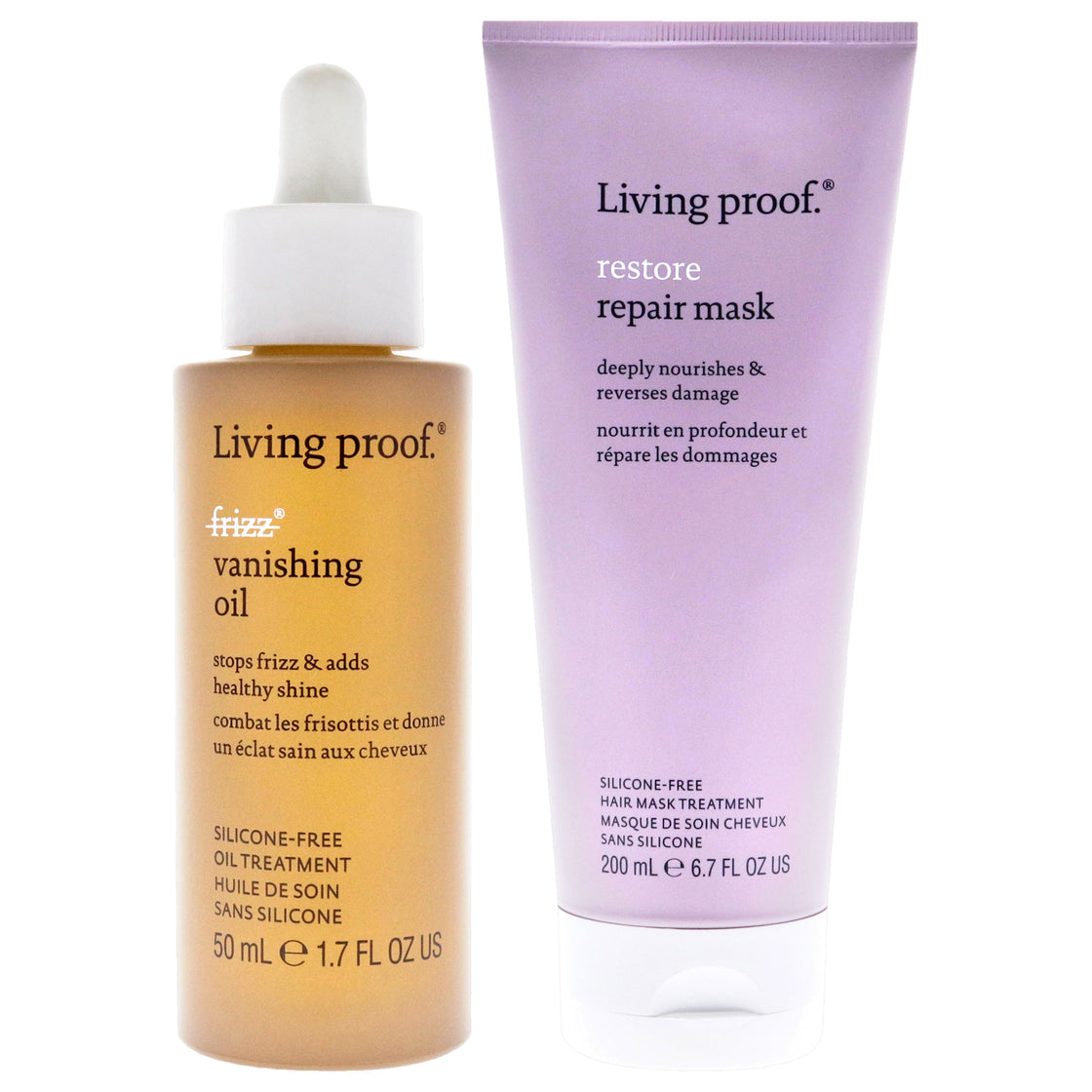 No Frizz Vanishing Oil and Restore Repair Mask Kit by Living Proof for Unisex - 2 Pc Kit 1.7oz Oil, 6.7oz Masque