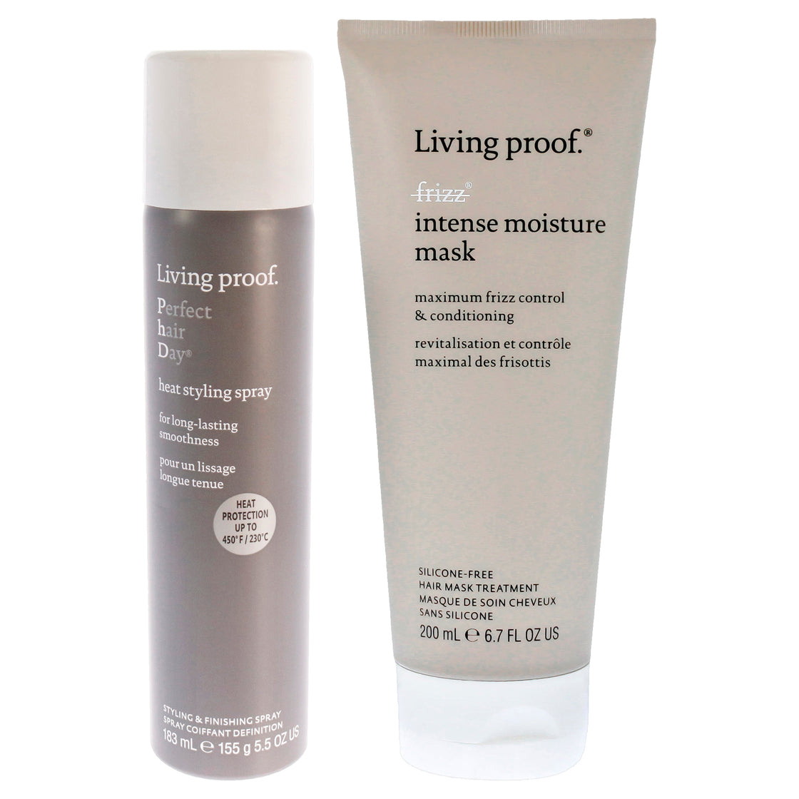 Perfect Hair Day Heat Styling Spray and No Frizz Intense Moisture Mask Kit by Living Proof for Unisex - 2 Pc Kit 5.5oz Hair Spray, 6.7oz Mask