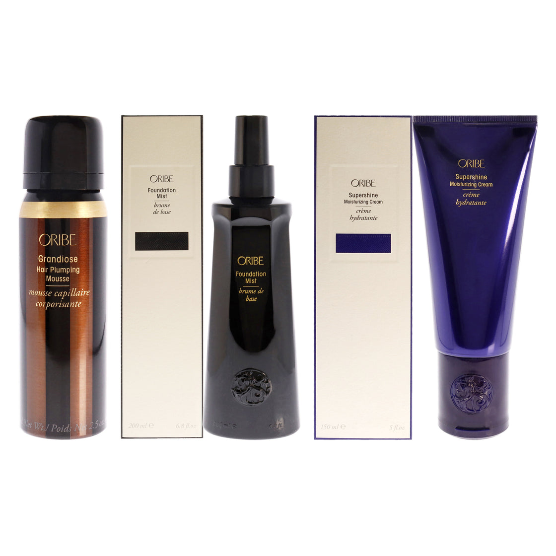 Foundation Mist and Grandiose Hair Plumping Mousse and Supershine Moisturizing Cream Kit by Oribe for Unisex - 3 Pc Kit 6.8oz Mist, 2.5oz Mousse, 5oz Cream