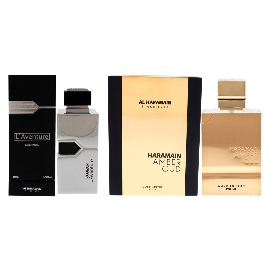 Amber Oud and LAventure Kit by Al Haramain for Men - 2 Pc Kit 6.76 oz EDP Spray, 4 oz EDP Spray (Gold Edition)