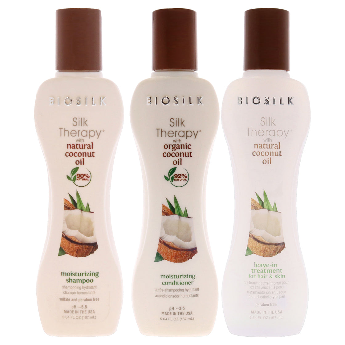 Silk Therapy with Organic Coconut Oil Moisturizing Shampoo and Conditioner With Leave-In Treatment Kit by Biosilk for Unisex - 3 Pc Kit 5.64oz Shampoo, 5.64oz Conditioner, 5.64oz Leave-In-Treatment