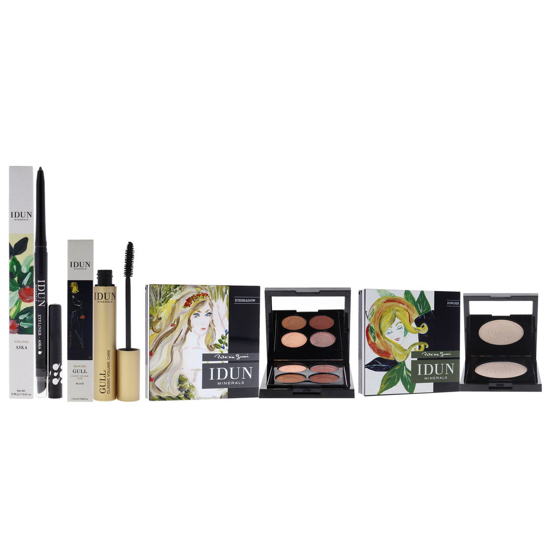 Gull Mascara - 010 Black With Eyeliner - 104 Aska and Eyeshadow Palette - 407 Lavendel and Highlighter Powder - 522 Tilda Kit by Idun Minerals for Women - 4 Pc Kit 0.39 oz Mascara, 0.01 oz Eyeliner, 4 x 0.03 oz Eye Shadow, 0.12 oz Highlighter