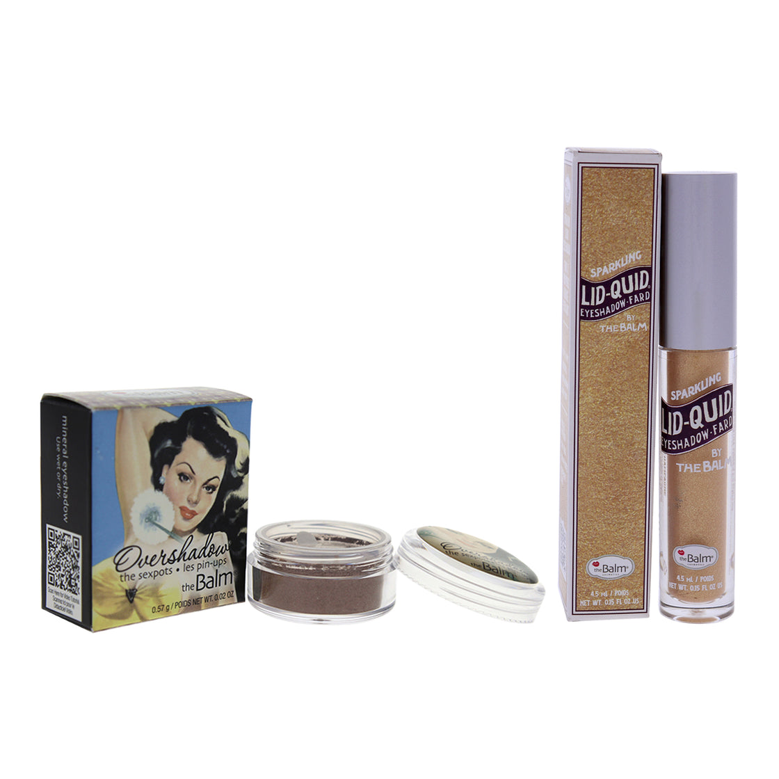 Overshadow Shimmering All-Mineral Eyeshadow and Lid-Quid Sparkling Liquid Eyeshadow Kit by the Balm for Women - 2 Pc Kit 0.02 oz Eye Shadow - If yure Rich, Im Single, 0.15 oz Eye Shadow - Champagne