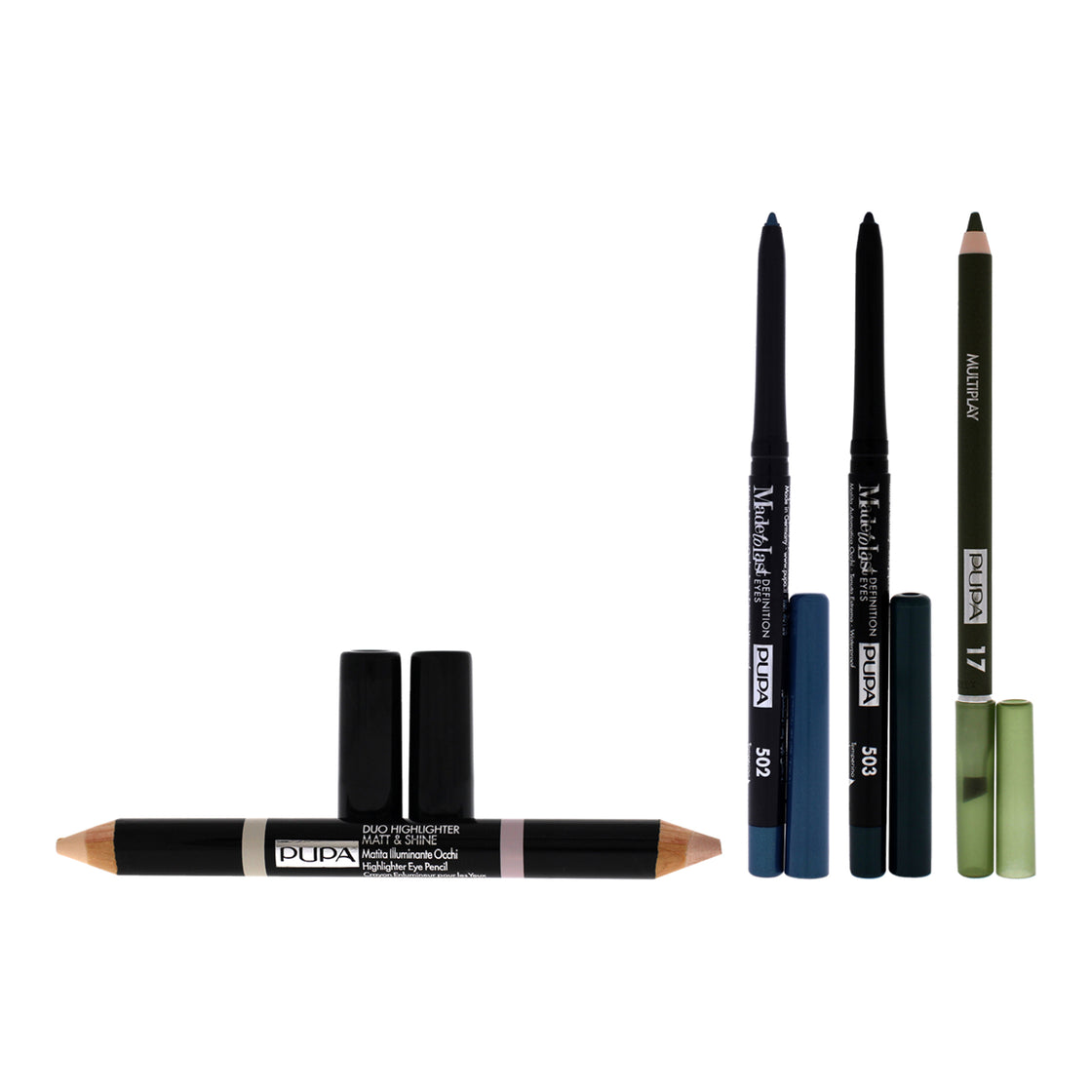 Made To Last Definition Eyes and Duo Highlighter Matt and Shine With Multiplay Eye Pencil Kit by Pupa Milano for Women - 4 Pc Kit 2 x 0.012oz Eye Pencil - 503 Gem Malaquite, 0.012oz Eye Pencil - 502 Elegant Peacock, 0.148oz Eye Pencil -