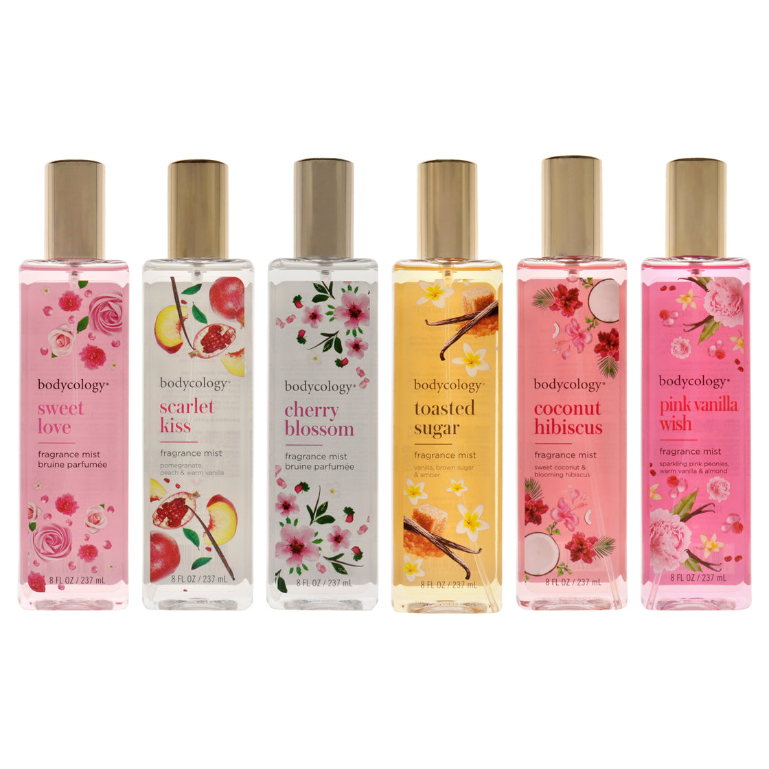 Bodycology Kit by Bodycology for Women - 6 Pc 8oz Cherry Blossom Fragrance Mist, 8oz Coconut Hibiscus Fragrance Mist, 8oz Pink Vanilla Wish Fragrance Mist, 8oz Scarlet Kiss Fragrance Mist, 8oz Sweet Love Fragrance Mist, 8oz Toasted Sugar Fragrance Mist