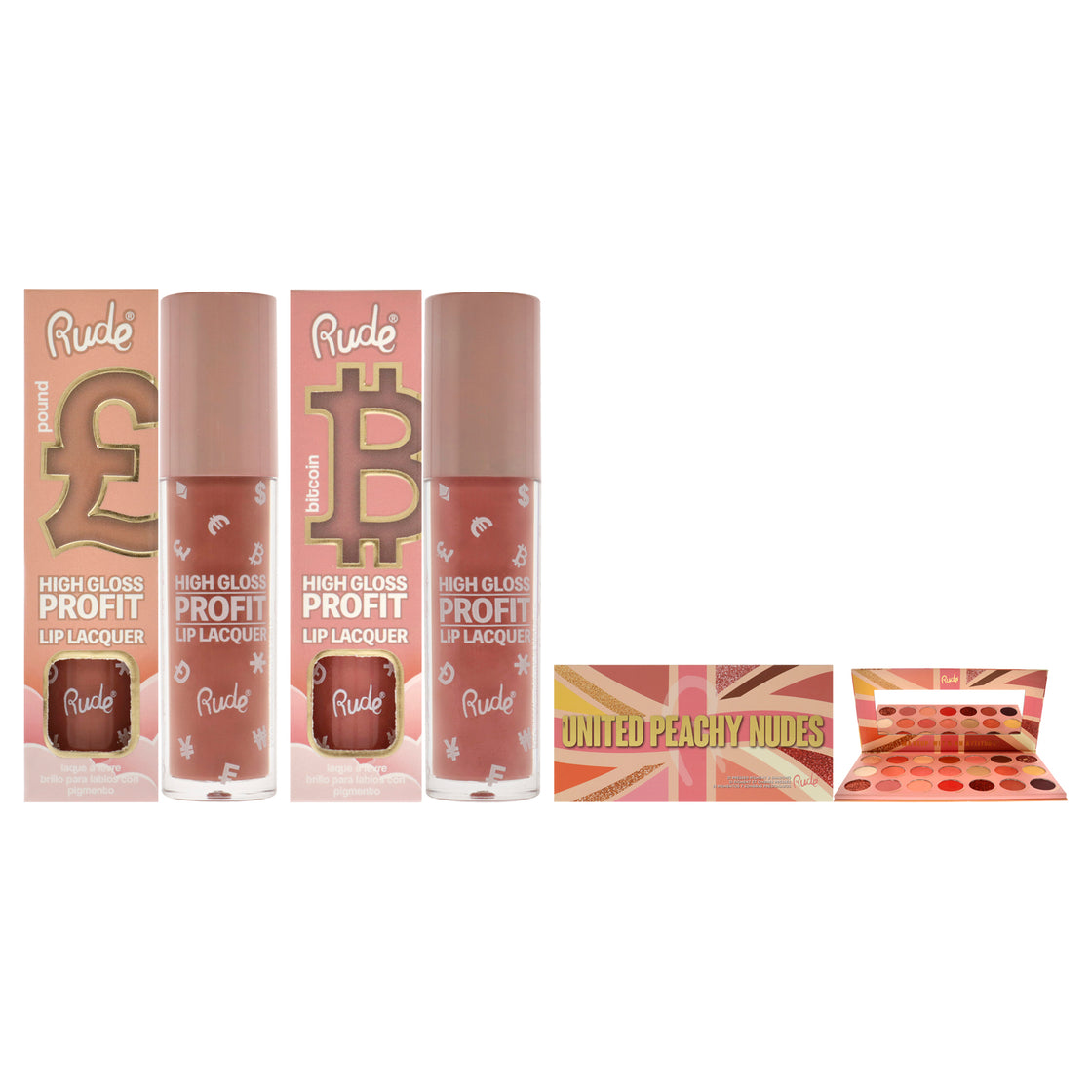 Rude Cosmetics Kit by Rude Cosmetics for Women - 3 Pc Kit 0.74 oz United Peachy Nudes - 21 Pressed Pigment and Shadows Palette, 0.141 oz High Gloss Profit Lip Lacquer - Bitcoin, 0.141 oz High Gloss Profit Lip Lacquer - Pound