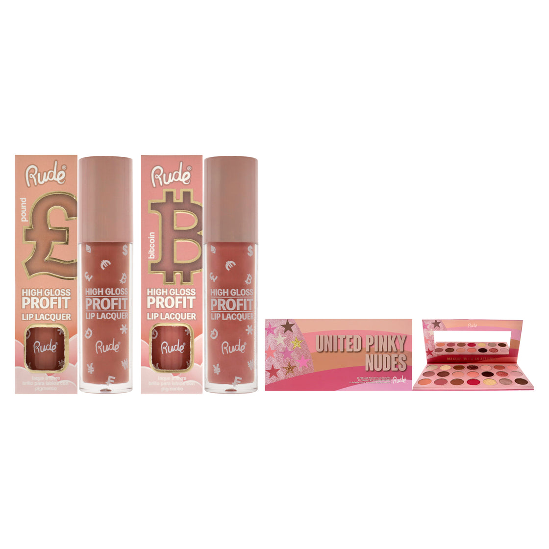 Rude Cosmetics Kit by Rude Cosmetics for Women - 3 Pc Kit 0.74oz United Pinky Nudes - 21 Pressed Pigment and Shadows Palette, 0.141 oz High Gloss Profit Lip Lacquer - Bitcoin, 0.141 oz High Gloss Profit Lip Lacquer - Pound