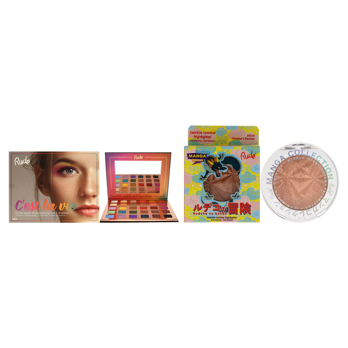 Manga Collection Twinkle Twinkle Highlighter - Rudekos Dragon and Cest La Vie 30 Eyeshadow Palette Kit by Rude Cosmetics for Women - 2 Pc Kit 0.14 oz Highlighter, 1.13 oz Eye Shadow