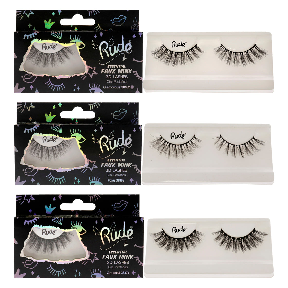 Essential Faux Mink 3D Lashes Kit by Rude Cosmetics for Women - 3 Pc Kit Pair Lashes - Foxy, Pair Lashes - Glamorous, Pair Lashes - Graceful