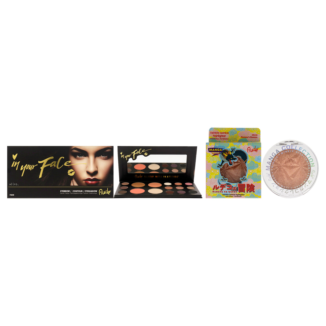 In Your Face 3-in-1 Palette With Manga Collection Twinkle Twinkle Highlighter Kit by Rude Cosmetics for Women - 2 Pc Kit 0.84oz Palette, 0.14oz Highlighter - Rudekos Dragon