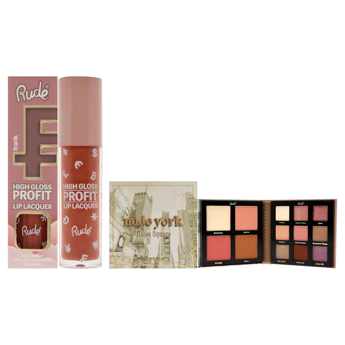 Nude York Face and Eye Palette and High Gloss Profit Lip Lacquer Kit by Rude Cosmetics for Women - 2Pc Kit 0.46oz Eye Palette, 0.141oz Lip Gloss - Frank