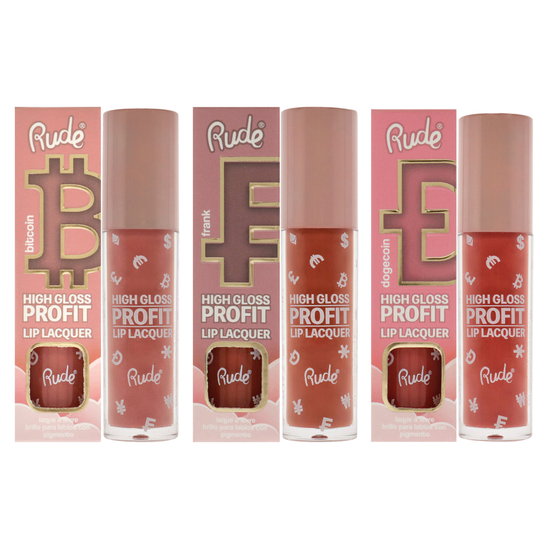 High Gloss Profit Lip Lacquer Kit by Rude Cosmetics for Women - 3 Pc Kit 3 X 0.141oz Lip Gloss - Bitcoin, Dogecoin, Frank