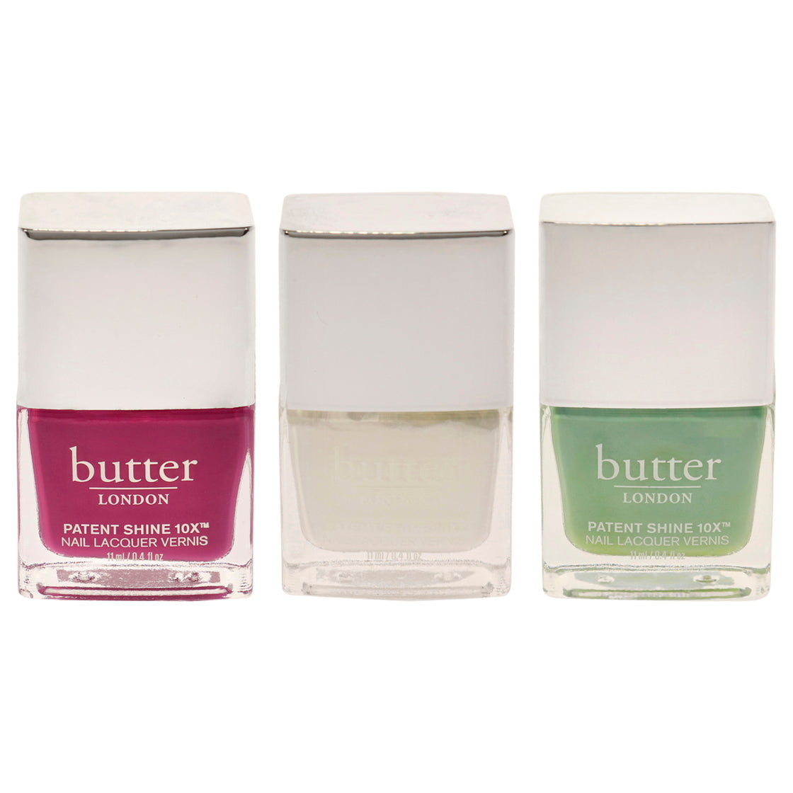 Patent Shine 10X Nail Lacquer Kit by Butter London for Women - 3 Pc Kit 0.4 oz Nail Polish - Bonkers, 0.4 oz Nail Polish - Cotton Buds, 0.4 oz Nail Polish - Good Vibes