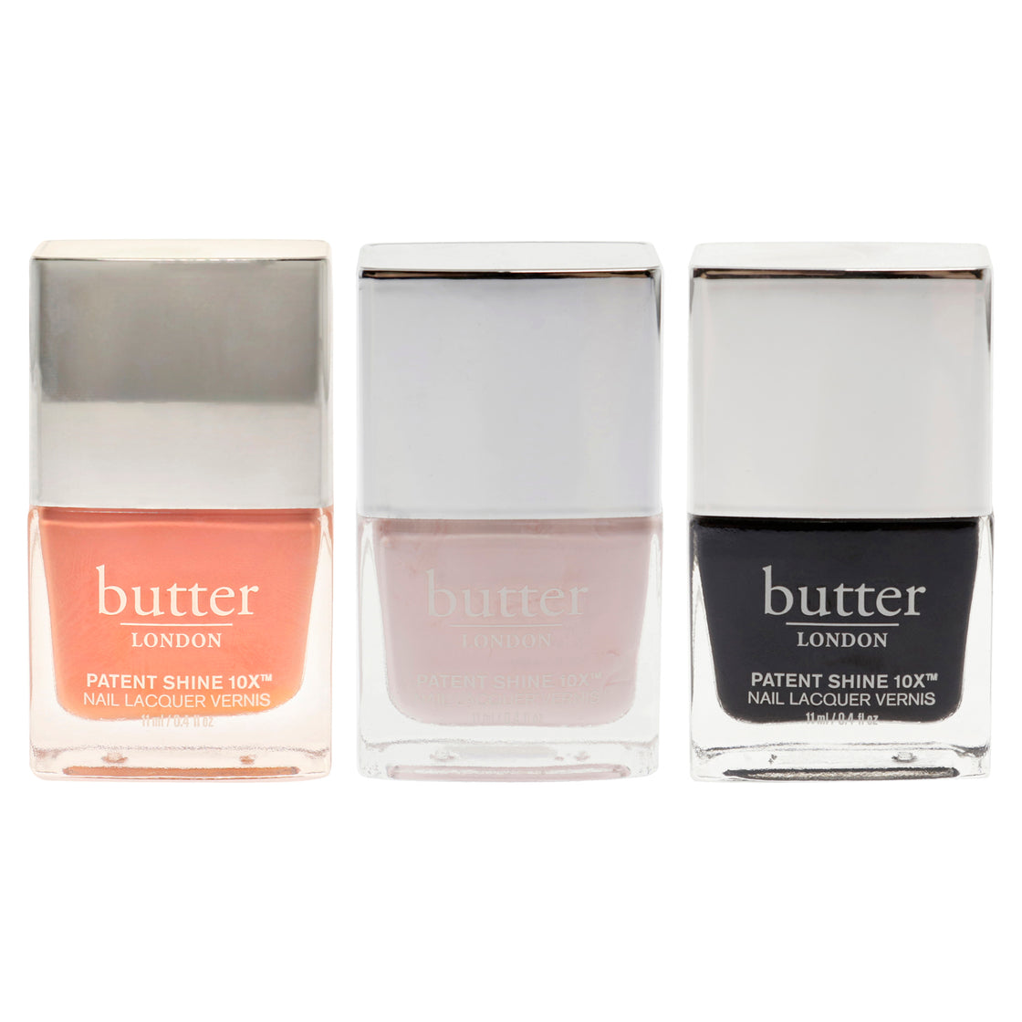 Patent Shine 10X Nail Lacquer Kit by Butter London for Women - 3 Pc Kit 0.4 oz Nail Polish - Hottie Tottie, 0.4 oz Nail Polish - Sandy Bum, 0.4 oz Nail Polish - Union Jack Black