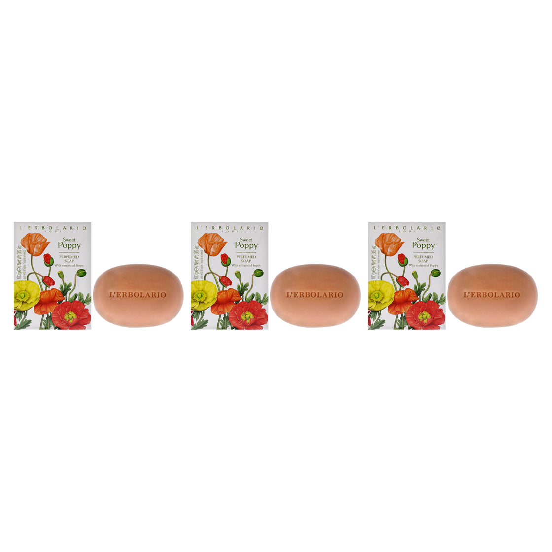 Sweet Poppy Perfumed Bar Soap by LErbolario for Unisex - 3.5 oz Soap - Pack of 3