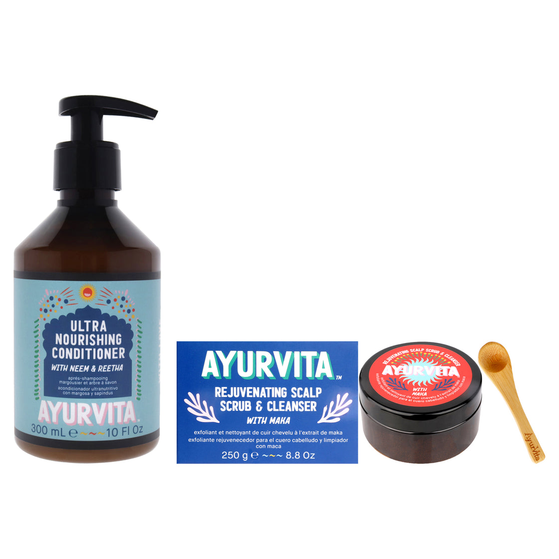 Maka Rejuvenating Scalp Scrub and Cleanser with Neem and Reetha Ultra Nourishing Conditioner Kit by AyurVita for Unisex - 2 Pc Kit 6.7oz Cleanser, 10oz Conditioner