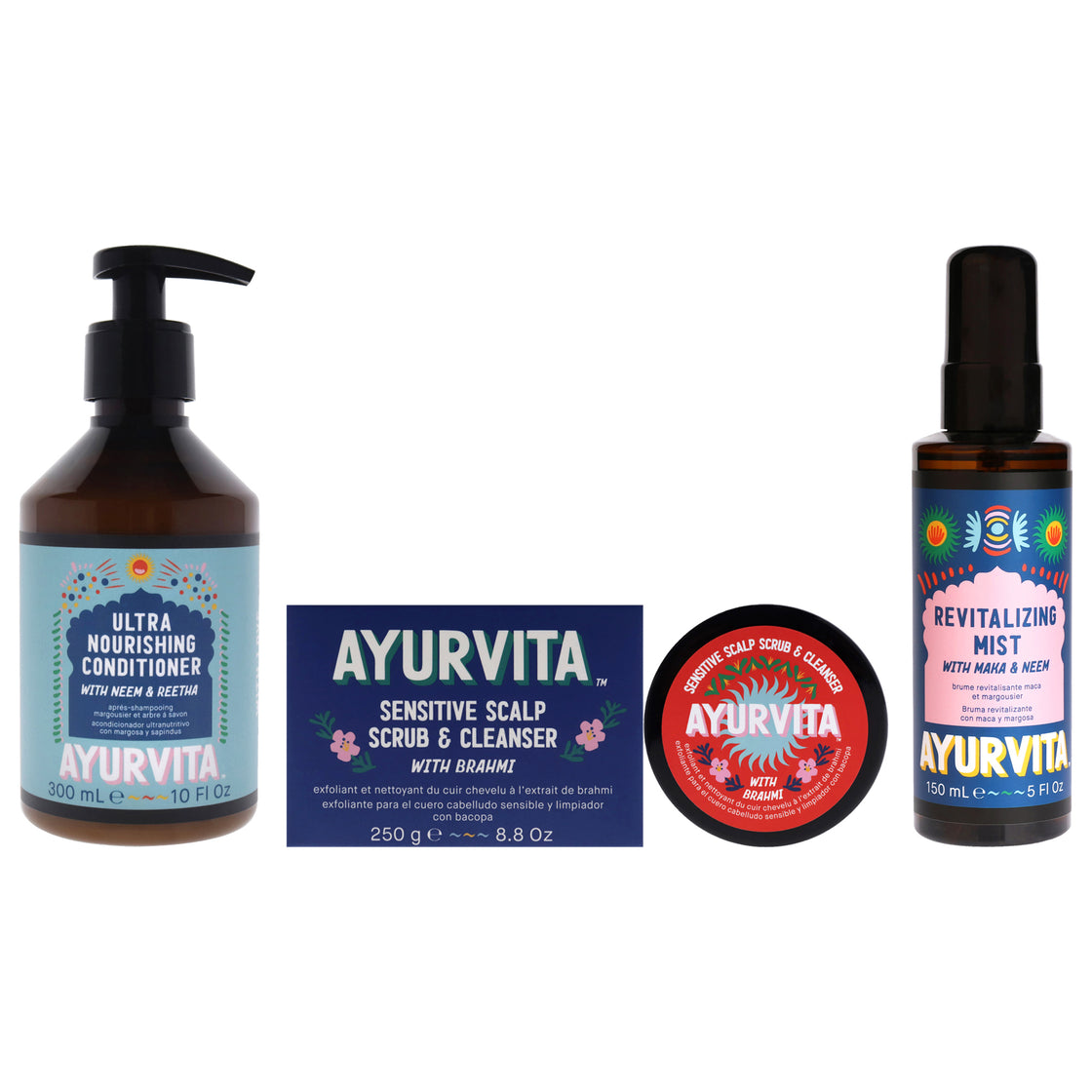 Brahmi Sensitive Scalp Scrub and Cleanser - Neem and Reetha Ultra Nourishing Conditioner with Maka and Neem Revitalizing Mist Kit by AyurVita for Unisex - 3 Pc Kit 8.8oz Cleanser, 10oz Conditioner, 5oz Mist