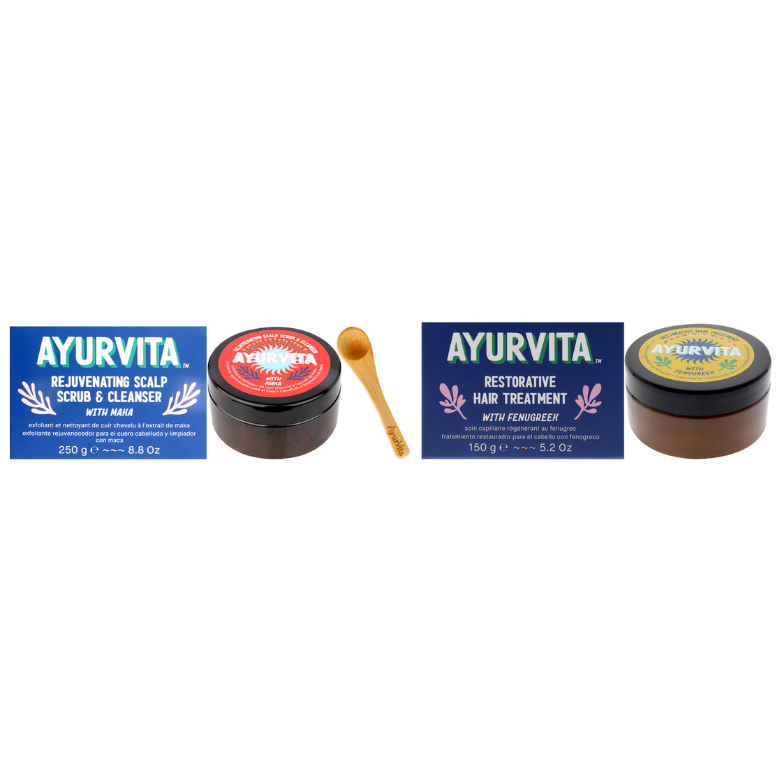 Restorative Hair Treatment With Fenugreek and Maka Rejuvenating Scalp Scrub and Cleanser Kit by AyurVita for Unisex - 2 Pc Kit 5.2oz Treatment, 6.7oz Cleanser